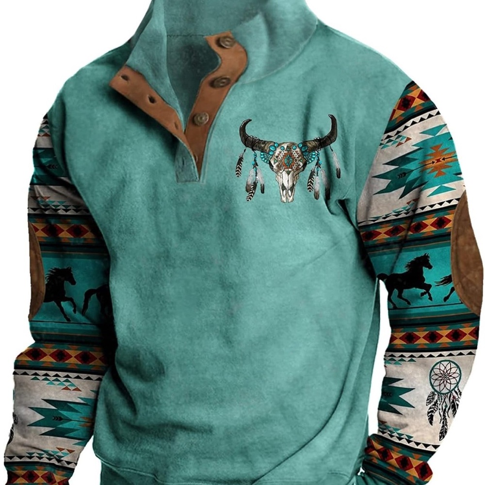 Men’s Western Aztec Ethnic Print Long Sleeve Shirt Button Down Pullover Coat
